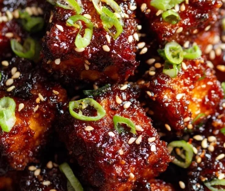 Crispy honey garlic tofu served on a plate, delicious air fryer recipe.