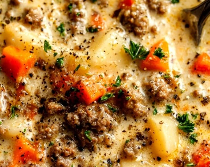 A hearty bowl of Crockpot Cheeseburger Soup topped with cheese and bacon, perfect comfort food.