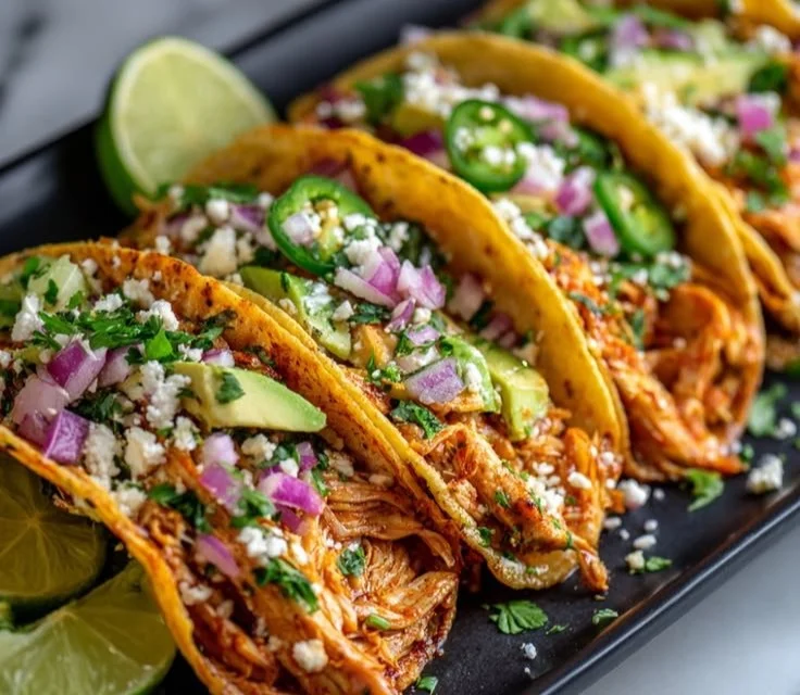 Crockpot Chicken Tacos with tender shredded chicken and vibrant toppings