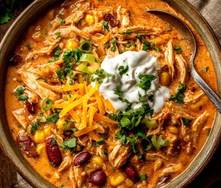 Bowl of creamy Crockpot Cream Cheese Chicken Chili garnished with herbs