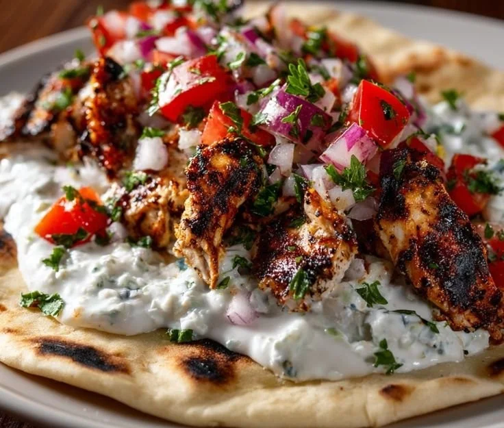 Delicious Greek chicken gyros served with fresh vegetables and tzatziki sauce.