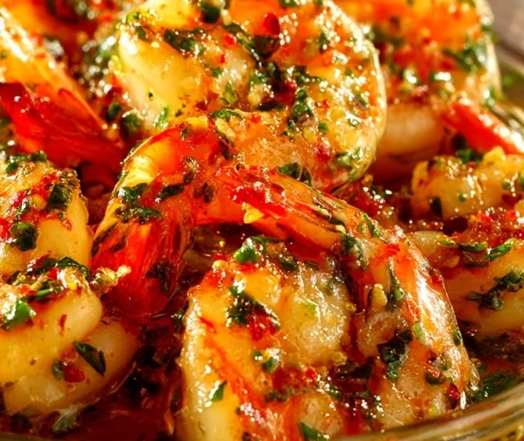Delicious easy garlic butter shrimp served on a plate with herbs