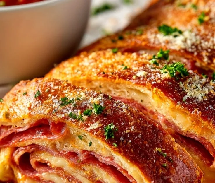 Homemade Italian Stromboli baked to perfection with fillings.
