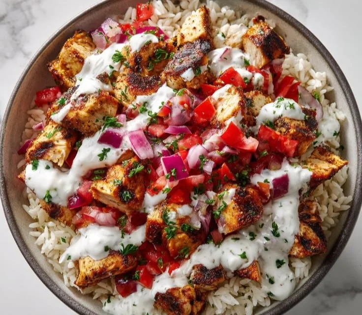 Delicious Mediterranean Chicken Gyro Bowl topped with fresh veggies and tzatziki sauce.