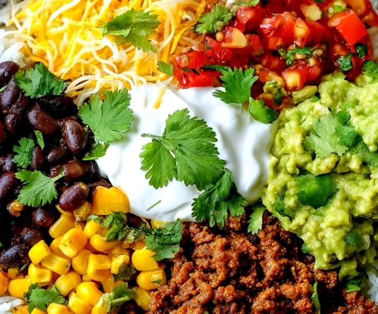 Delicious easy taco bowl with fresh ingredients and toppings