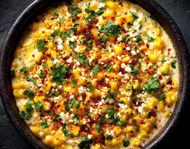 Delicious elote dip made with creamy ingredients and topped with spices
