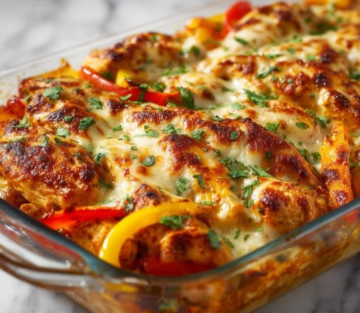 Fajita Chicken Casserole Bake with colorful bell peppers and melted cheese