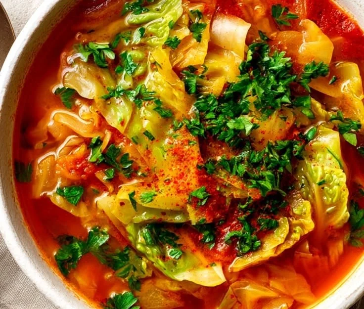 Bowl of healthy fat-burning cabbage soup garnished with herbs