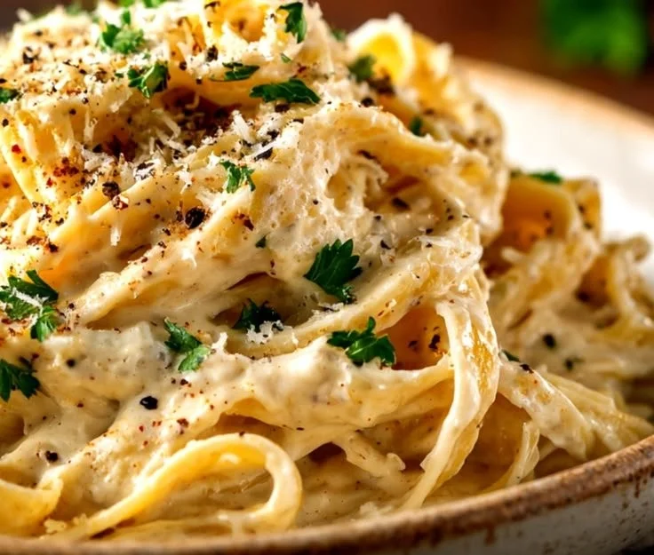Delicious plate of creamy Fettuccine Alfredo garnished with parsley