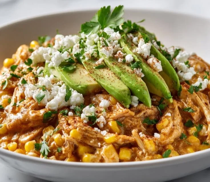Delicious Mexican street corn chicken bowls garnished with fresh ingredients