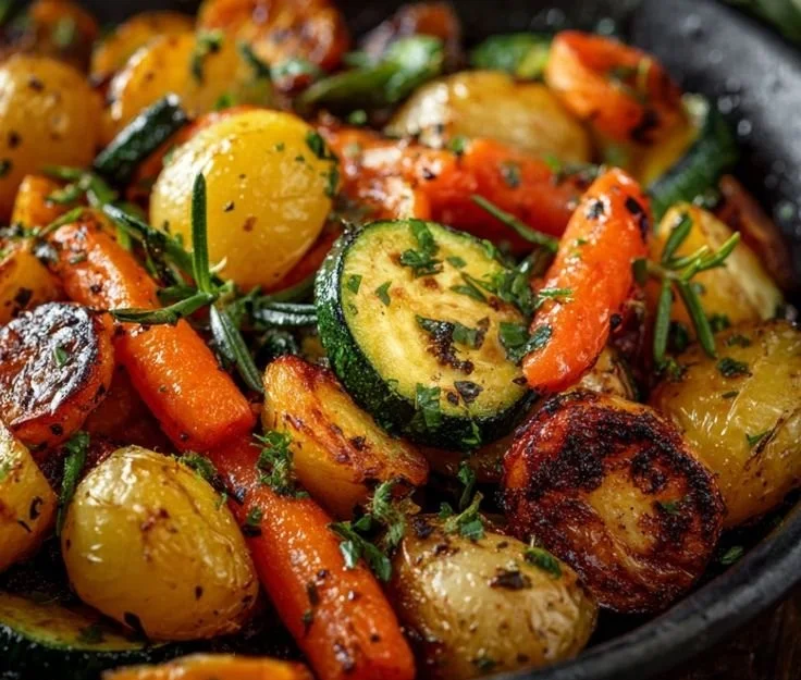 Garlic herb roasted potatoes, carrots, and zucchini seasoned to perfection