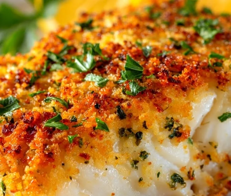 Delicious Garlic Parmesan Crusted Halibut served with herbs