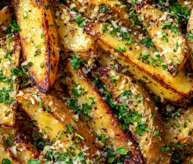 Plate of garlic parmesan roasted potatoes with crispy edges