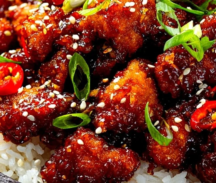 Delicious plate of General Tso's Chicken with crispy chicken and savory sauce.