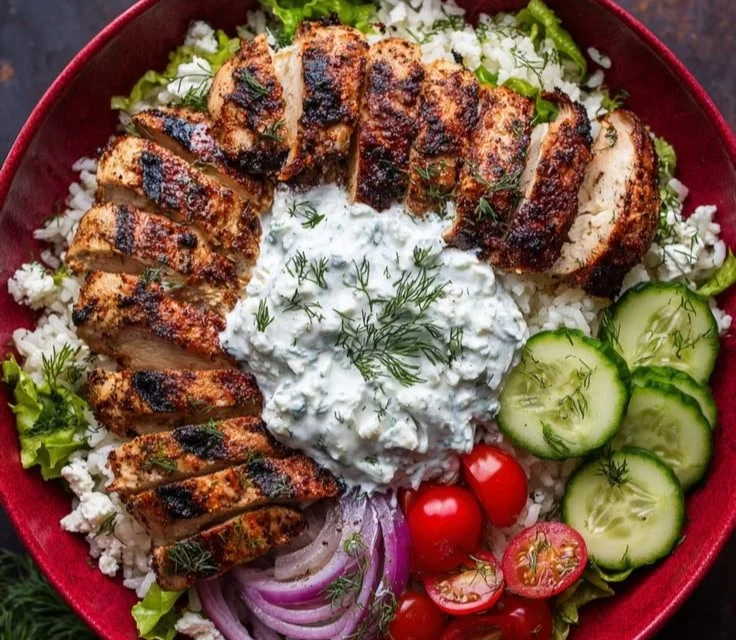 Delicious Greek Chicken Bowl with fresh vegetables and flavorful seasoning