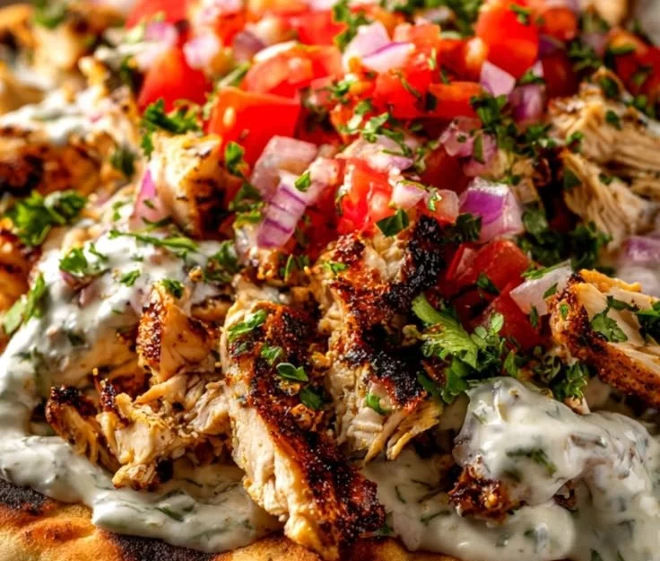 Plate of Greek Chicken Gyros with fresh toppings and pita bread