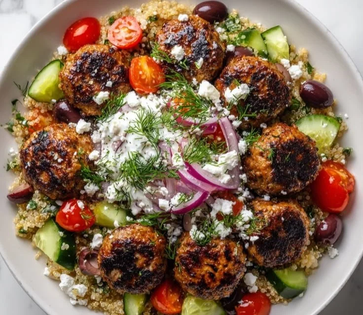 Delicious Greek Turkey Meatball Bowls with fresh ingredients and herbs.