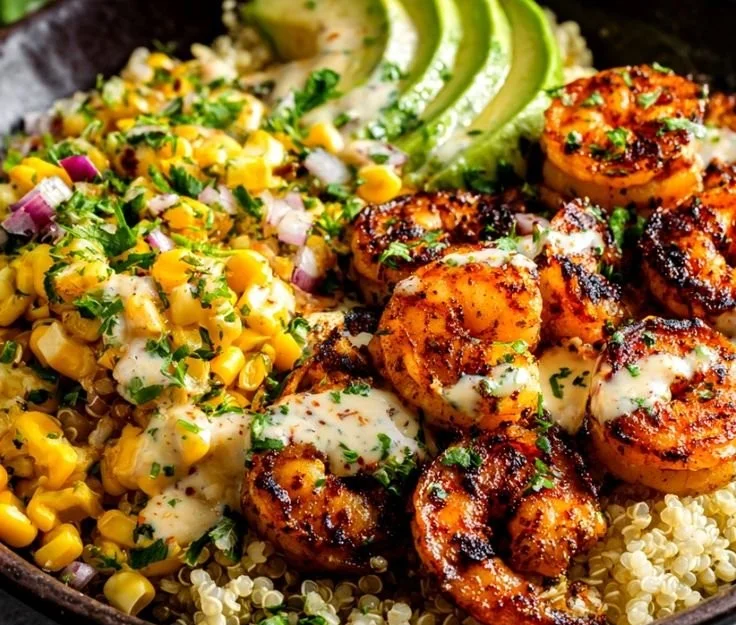 Delicious grilled shrimp bowl garnished with fresh vegetables