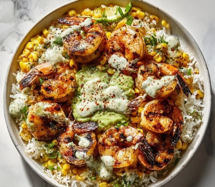 Grilled shrimp bowl garnished with avocado corn salsa and fresh vegetables