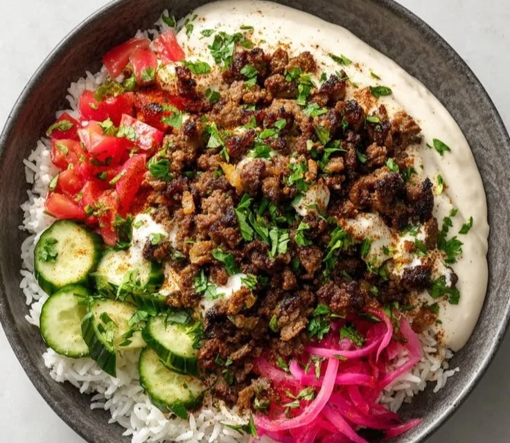 Savory Ground Beef Shawarma Bowl topped with fresh vegetables and sauces