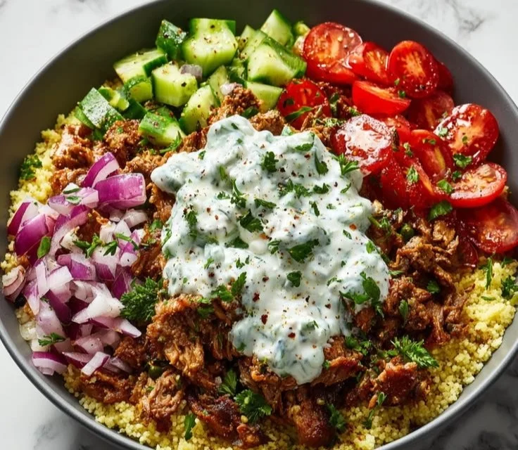 Ground Turkey Gyro Bowl with fresh vegetables and tzatziki sauce