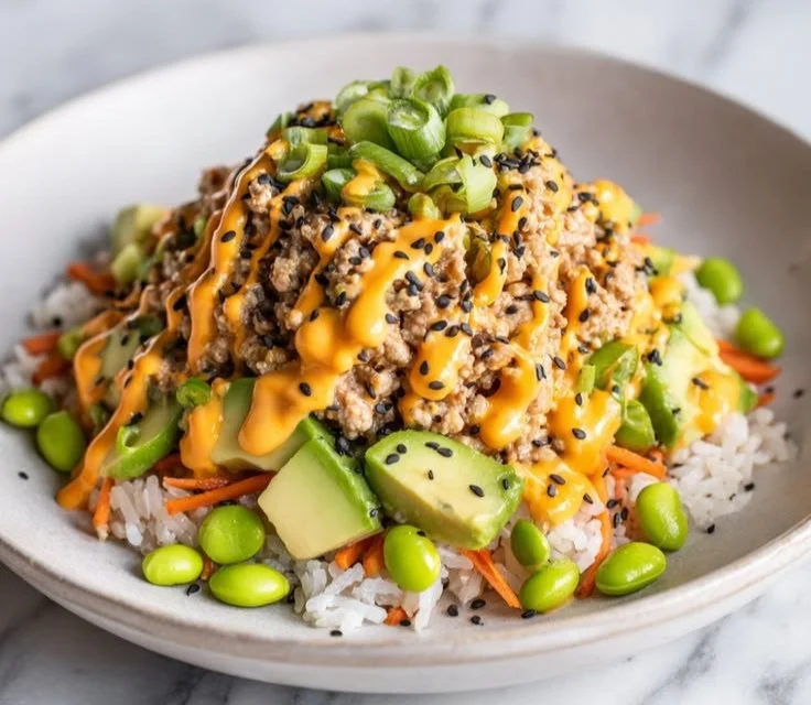 Delicious Ground Turkey Rice Bowls with Bang Bang Sauce served in a vibrant bowl