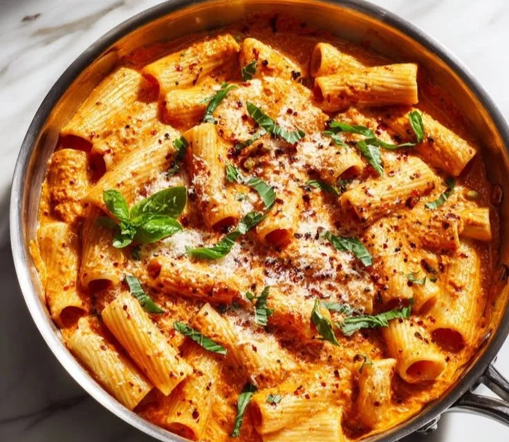 Healthy cottage cheese rigatoni pasta dish in a cozy setting.