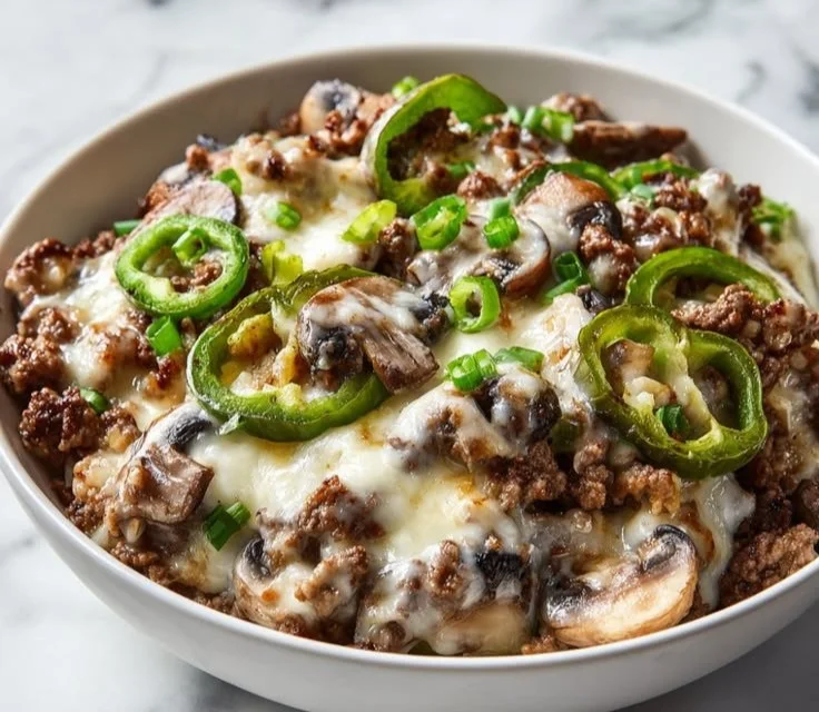 Healthy Philly Cheese Steak Bowl with fresh ingredients and tasty toppings