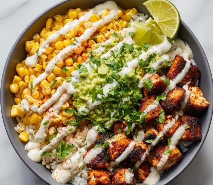 Healthy street corn chicken bowl with grilled chicken and fresh toppings