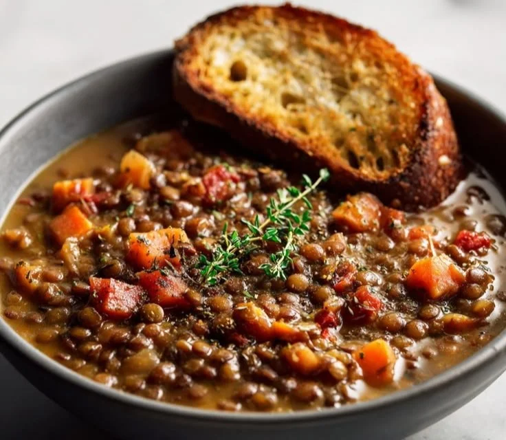 A bowl of hearty lentil stew with vegetables and herbs.