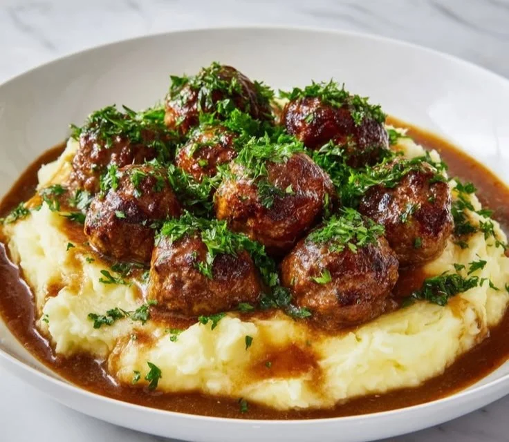 Delicious hearty meatballs served with garlic herb mashed potatoes