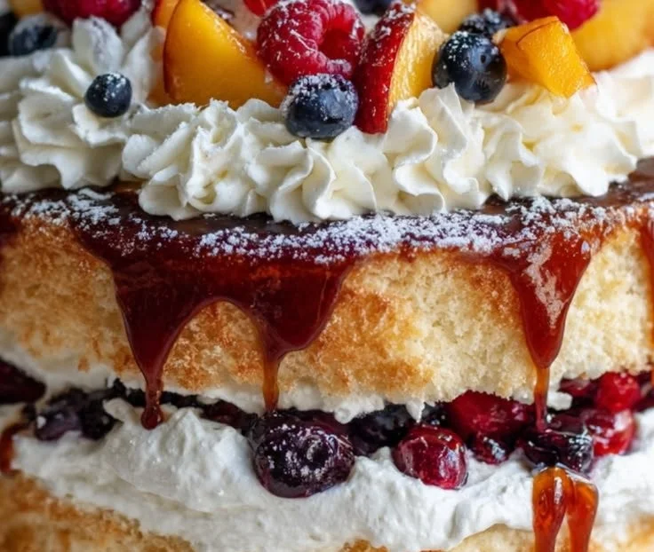 Heavenly Berry Peach Cake topped with fresh berries and peaches