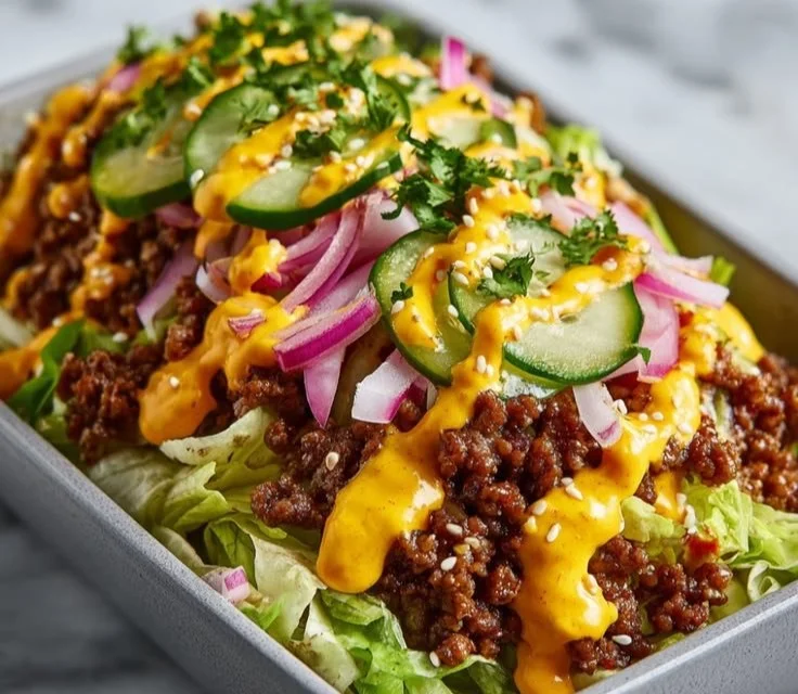 High Protein Big Mac Bowls with fresh ingredients and toppings