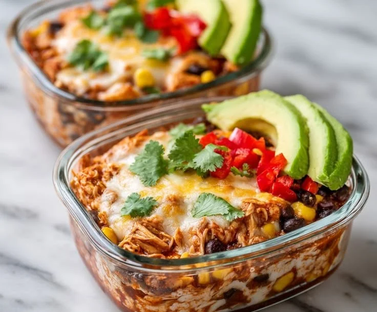 High-protein chicken enchilada bowls made with cottage cheese.