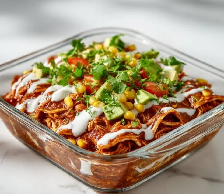 High-protein chicken enchilada bowl with colorful veggies and toppings