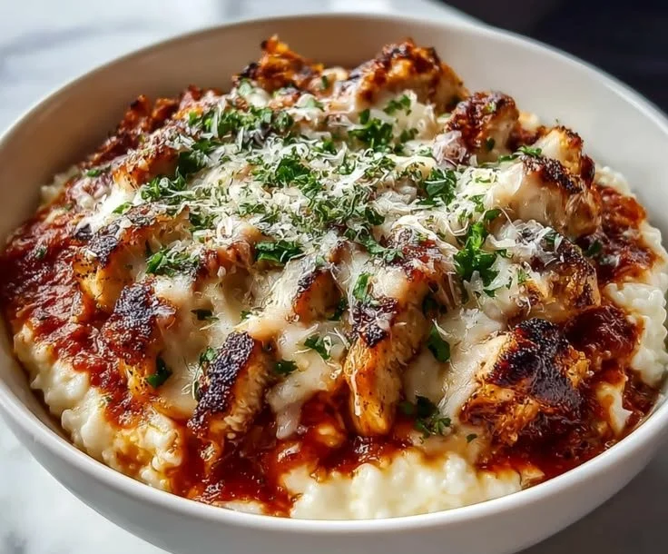 High protein chicken parm cottage cheese bowl garnished with herbs