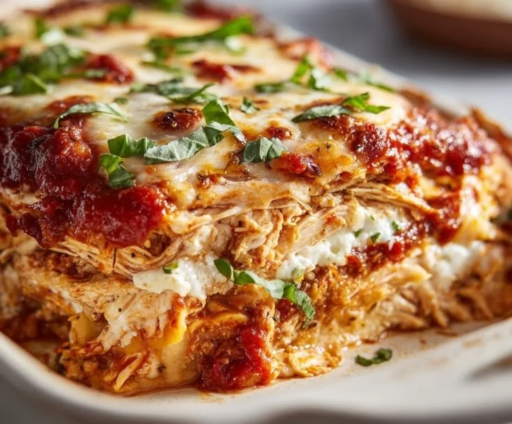 High protein chicken parmesan casserole served in a cozy dish