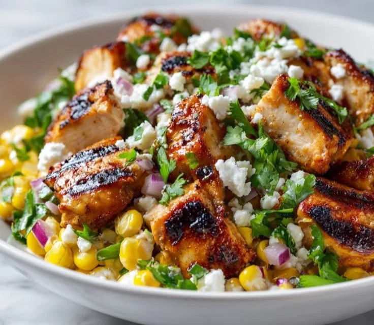 High protein chicken street corn salad in a bowl
