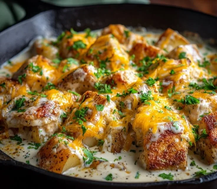 High protein creamy garlic cheesy chicken with potatoes ready to serve