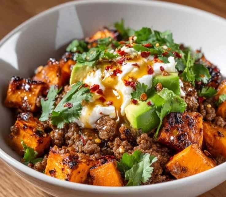 High Protein Hot Honey Beef Bowl with fresh ingredients and vibrant flavors