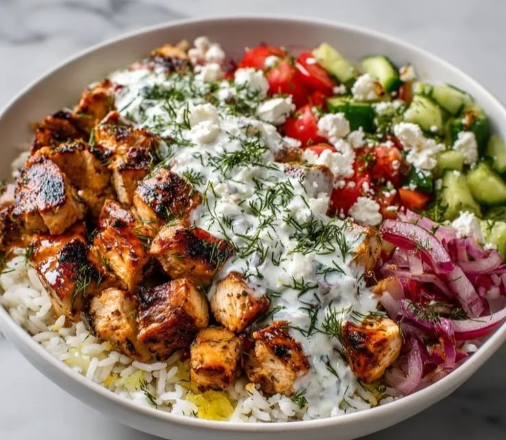 High protein Mediterranean lemon-dill chicken bowls serving