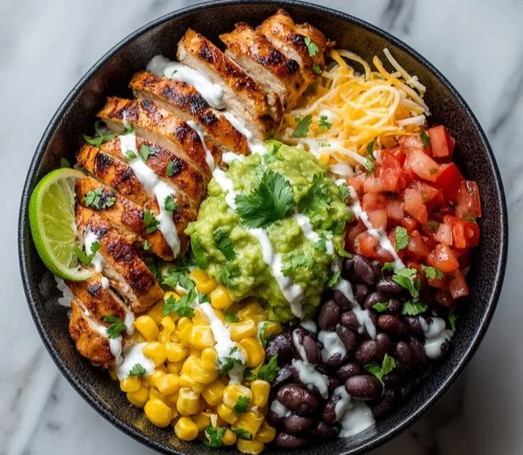 High protein taco bowl with fresh ingredients and toppings