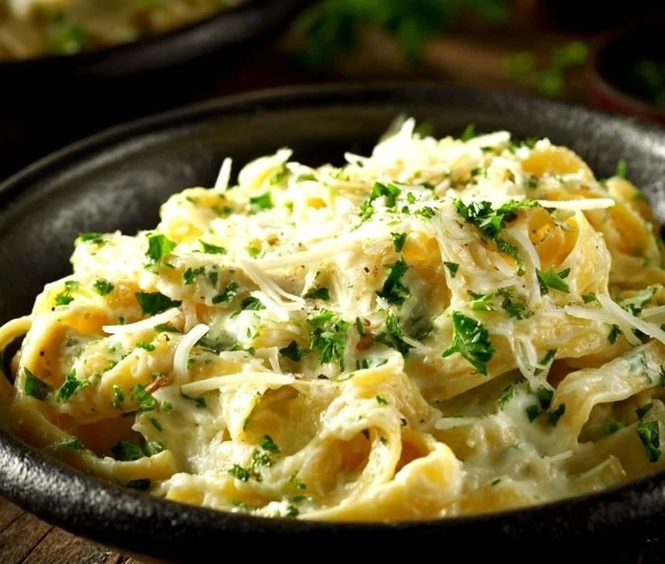 A bowl of creamy homemade Alfredo sauce ready to serve with pasta.