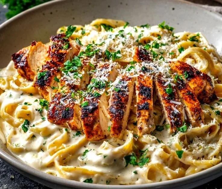 Creamy Chicken Alfredo with pasta and herbs in a bowl