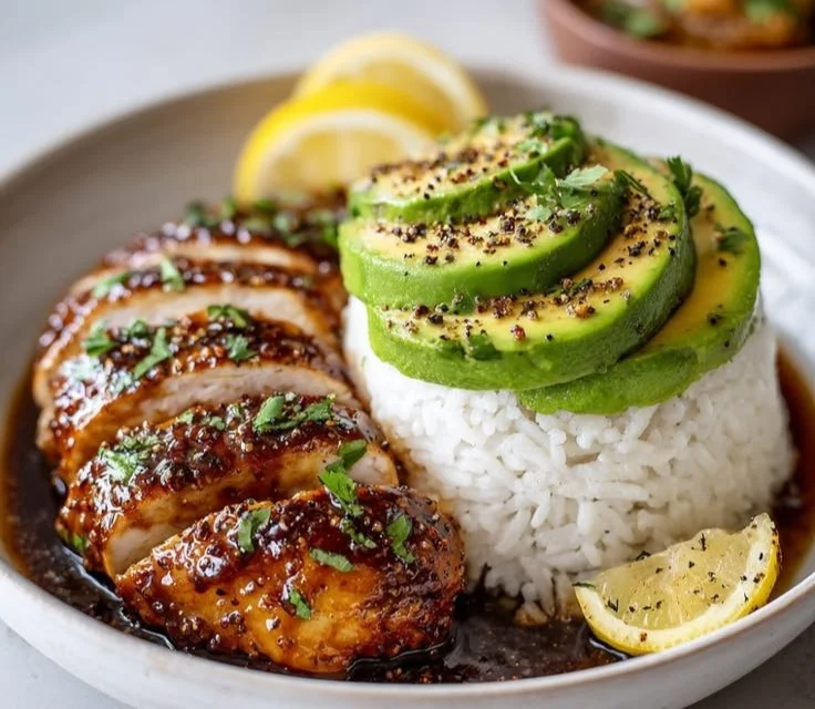 Honey Lime Chicken with Avocado Rice on a plate garnished with fresh herbs
