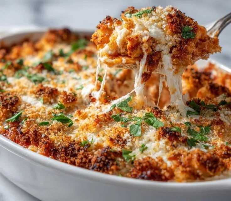 Delicious chicken parmesan casserole with melted cheese and high protein content