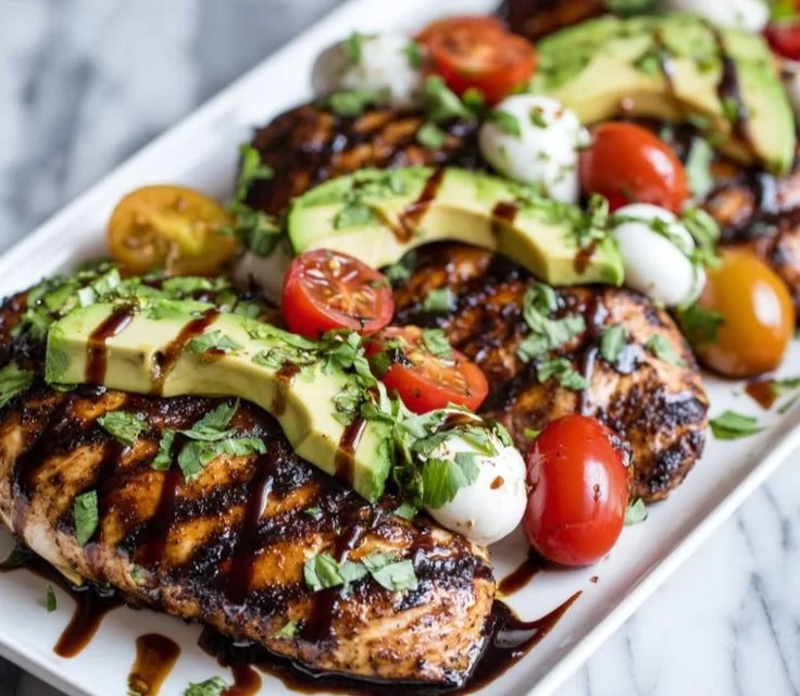 Juicy grilled California avocado chicken served with fresh vegetables