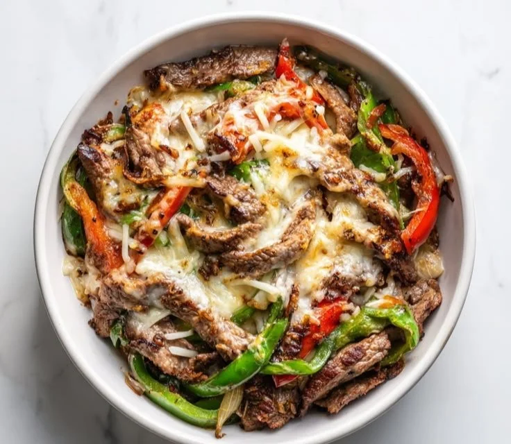 Delicious Keto Philly Cheesesteak Bowl topped with cheese and peppers