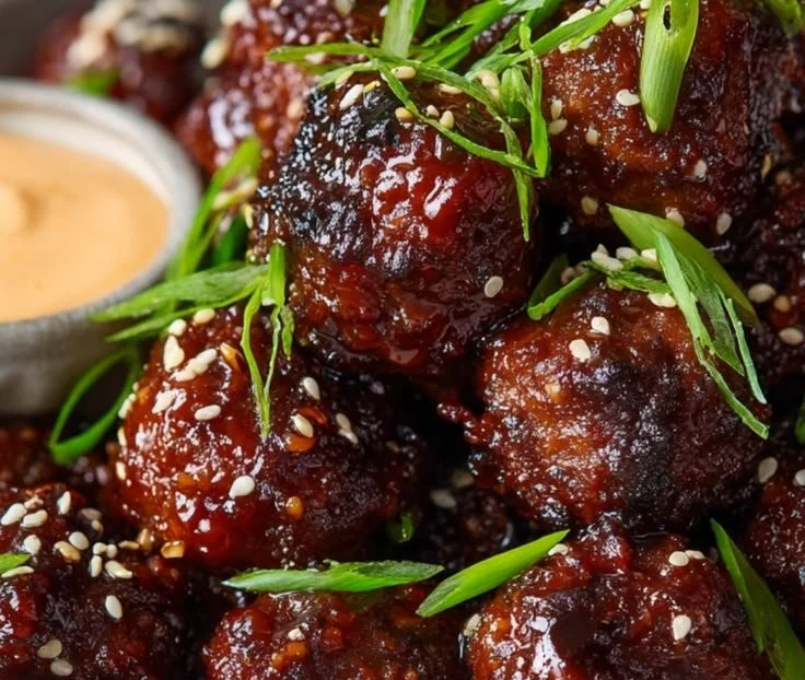 Delicious Korean BBQ meatballs garnished and ready to serve