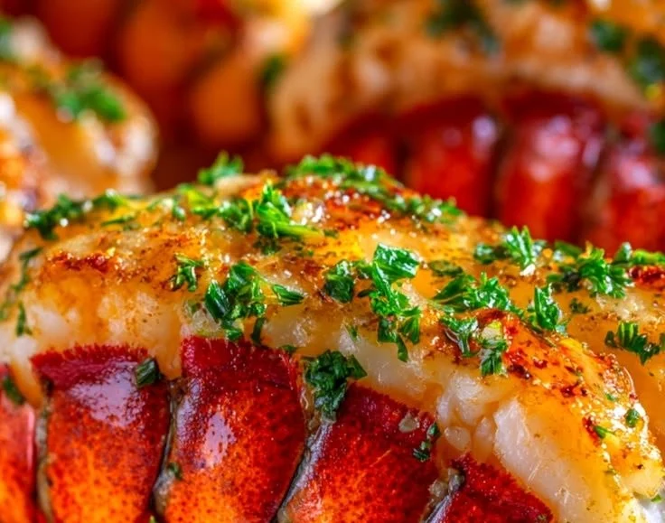 Lemon garlic butter baked lobster tails served elegantly on a plate.